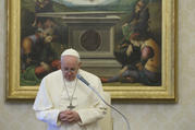  Pope Francis holds his weekly general audience April 22, 2020, in the papal library in the Apostolic Palace. Marking the celebration of Earth Day, the pope dedicated his audience talk to urging people to protect the earth and its inhabitants. (CNS photo/Vatican Media) 