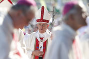 Pope Francis arrives in procession with other bishops during Mass at the Maquehue Airport near Temuco, Chile, Jan. 17. (CNS photo/Paul Haring)
