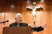 Bishop David A. Zubik of Pittsburgh addresses the media Aug. 14 at the pastoral center in Pittsburgh. (CNS photo/Chuck Austin, Pittsburgh Catholic)