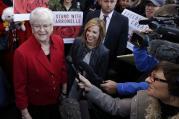 Barronelle Stutzman, left, meets with supporters outside Washington's state Supreme Court. (AP Photo/Elaine Thompson, File)