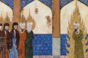 Medieval Persian manuscript depicting Muhammad leading Abraham, Moses and Jesus in prayer.