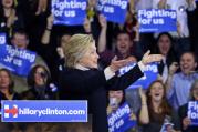 Democratic presidential candidate Hillary Clinton gestures to supporters on Tuesday night in Hooksett, N.H. (AP Photo/Elise Amendola)