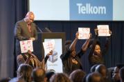 Protesters interrupt South Africa's President Jacob Zuma, as he delivers a speech at the announcement of the results of the municipal elections in Pretoria, South Africa on Aug. 6, 2016. (AP Photo/Herman Verwey)