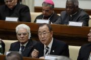 U.N. Secretary-General Ban Ki-moon addresses an April 28 summit on the moral dimensions of climate change and its impact on the poor. Also pictured is Italy's President Sergio Mattarella, lower left. (CNS photo/Paul Haring)