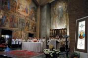 A CONTROVERSIAL CANONIZATION. An image of Blessed Junípero Serra, right, is seen as Pope Francis celebrates Mass in Rome on May 2.