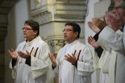 Bishop Oscar Cantu of Las Cruces, N.M., center, prays with other bishops from around the world during Mass Jan. 12 at the Carmelite Monastery in Bethlehem, West Bank. (CNS photo/Debbie Hill)
