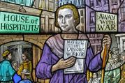 Dorothy Day, co-founder of the Catholic Worker Movement and its newspaper, The Catholic Worker, is depicted in a stained-glass window at Our Lady of Lourdes Church in the Staten Island borough of New York. (CNS photo/Gregory A. Shemitz)