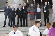 Attorney, plaintiffs in case against California's Proposition 8 celebrate supporters on steps of Supreme Court in Washington (CNS photo/Jonathan Ernst, Reuters)..