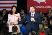 Gov. Nikki Haley campaigns with Republican presidential candidate Sen. Marco Rubio in Greenville, S.C., on Thursday. (AP Photo/Alex Sanz)