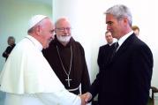 Mark Vincent Healy, clerical abuse survivor, shakes hands with Pope Francis Mark Vincent Healy shakes hands with Pope Francis at the Vatican, July 7.