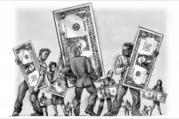 a black and white cartoon image with men and money about inequality