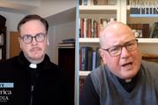 America Editor-in-Chief Matthew Malone, S.J., speaks with New York Cardinal Timothy Dolan on Facebook live on May 1. Screen capture by America Media.