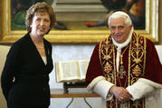 In this March 23, 2007 photo, Pope Benedict XVI and Ireland President Mary McAleese pose for photographers prior to a private audience the pontiff granted her at the Vatican (AP Photo/Alberto Pizzoli, Pool, file).