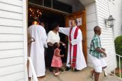 The Rev. Kazimierz Bem greets worshippers leaving First Church in Marlborough, Mass., following an ecumenical prayer service on June 3 (Photo: First Church/Barbara Parente).