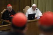 Pope Francis speaks during a meeting with cardinals and cardinals-designate in the synod hall at the Vatican Feb. 12. At left is Cardinal Angelo Sodano, dean of the College of Cardinals.
