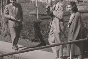 Robie Macauley with Arthur Koestler and Flannery O'Connor at Amana Colonies in Iowa, 9 Oct 1947. (Cmacauley photo/English Wikipedia)