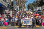 Large crowd processes through streets of San Francisco during annual rosary rally, Oct. 11, 2014.
