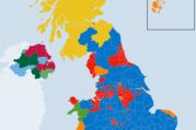 The Conservative Party (blue) has won a narrow majority in the House of Commons, but the SNP (gold) has established a virtual one-party state in Scotland. (BBC map from http://www.bbc.com/news/election/2015/results)
