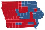 Iowa has been closely contested in recent general elections. In 2012, Barack Obama carried the state thanks to urban centers like Des Moines and river cities along the eastern border. (Image from http://elections.nbcnews.com)