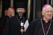 Archbishop Sviatoslav Shevchuk of Kiev-Halych, leader of the Ukrainian Catholic Church, leaves the morning session of the extraordinary Synod of Bishops on the family at the Vatican Oct. 13. (CNS photo/Paul Haring)