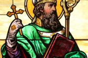 St. Patrick is depicted in a stained-glass window at the Co-Cathedral of St. Joseph in Brooklyn, N.Y. (CNS photo/Gregory A. Shemitz) 