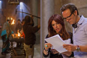 Roma Downey and Mark Burnett are seen with the cast and crew on the set of the television miniseries "The Bible" at the Ouarzazate Museum in Morocco (CNS photo/Joe Alblas, courtesy Lightworkers Media).