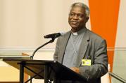 Cardinal Peter Turkson, president of the Pontifical Council for Justice and Peace, addresses the audience during a presentation on Pope Francis' encyclical on the environment June 30 at U.N. headquarters in New York City (CNS photo/Gregory A. Shemitz).