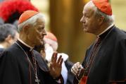 Cardinal Donald W. Wuerl of Washington talks with Cardinal Christoph Schonborn of Vienna as they leave the opening session of the Synod of Bishops on the family at the Vatican, Oct. 5. (CNS photo/Paul Haring).