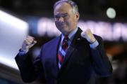 Democratic vice presidential candidate, Sen. Tim Kaine, D-Va., takes the stage during the third day session of the Democratic National Convention in Philadelphia. (AP Photo/Matt Rourke)