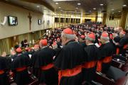 Cardinals gather in synod hall at the Vatican March 7 for one of several general congregation meetings held ahead of the conclave. (CNS photo/L'Osservatore Romano) 