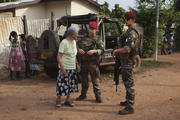 French soldier checks on safety of nun during patrol in Central African Republic. (CNS photo/Joe Penney, Reuters) 