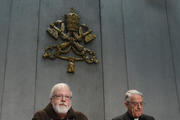 Boston Cardinal O'Malley and Jesuit Father Lombardi lead press conference at the Vatican (CNS photo/Paul Haring)