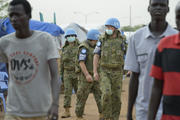 U.N. soldiers patrol a camp for internally displaced families at a U.N. base in Juba, South Sudan. (CNS photo/Paul Jeffrey) (April 23, 2014) 