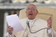 Pope Francis speaks during his general audience in St. Peter's Square at the Vatican April 30. (CNS photo/Paul Haring) 