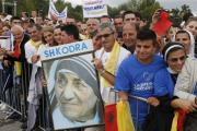 Crowds await the arrival of Pope Francis for his Mass in Mother Teresa Square in Tirana, Albania, Sept. 21. (CNS photo/Paul Haring)