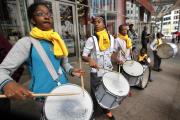 Members of Chicago's St. Malachy School drum corps play during a rally for school choice outside an Illinois state building in Chicago in September 2014. (CNS photo/Karen Callaway, Catholic New World)