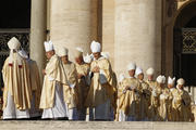 Bishops arrive for the beatification Mass of Blessed Paul VI celebrated by Pope Francis in St. Peter's Square at the Vatican Oct. 19. The Mass also concluded the extraordinary Synod of Bishops on the family.(CNS photo/Paul Haring)