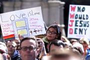 Demonstrators rally at Monument Circle in Indianapolis March 28 to protest a religious freedom bill signed in to law by Indiana Gov. Mike Pence. (CNS photo/Nate Chute, Reuters) 