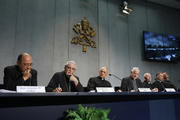Byzantine Bishop Dimitrios Salachas of Greece, second from left, speaks at a a press conference for the release of Pope Francis' documents concerning changes to marriage annulments at the Vatican Sept. 8. (CNS photo/Paul Haring)