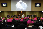 Pope Francis presides at a session of the Synod of Bishops on the family at the Vatican Oct. 15. (CNS photo/Paul Haring)