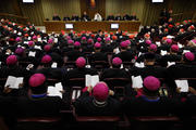 Pope Francis presides at a session of the Synod of Bishops on the family at the Vatican Oct. 15. (CNS photo/Paul Haring)