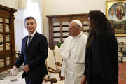 Pope Francis walks with Argentinian President Mauricio Macri and his wife Juliana Awada during a private audience in the Apostolic Palace at the Vatican Feb. 27. (CNS photo/Paul Haring)