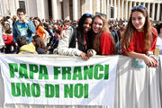 Young pilgrims display a banner that says "Pope Francis One of us" as the pontiff celebrates Mass for the Youth Jubilee in St. Peter's Square at the Vatican in April 2016. (CNS photo/Ettore Ferrari, EPA)