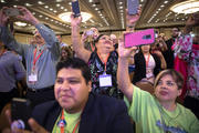 Delegates celebrate the Sept. 23, 2018, closing session of the Fifth National Encuentro, or V Encuentro, in Grapevine, Texas. (CNS photo/Tyler Orsburn) 