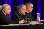 Cardinal Daniel N. DiNardo of Galveston-Houston, center, leads the opening prayer Nov. 12 during the fall general assembly of the U.S. Conference of Catholic Bishops in Baltimore. Also pictured are Archbishop Jose H. Gomez of Los Angeles, vice president of the USCCB, and Msgr. J. Brian Bransfield, general secretary. (CNS photo/Bob Roller)