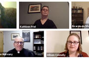 The image displays five photos of the five members of the prayer service's organizing committee: Moira Egan, a white woman in her 50s with dark hair (top left); Kathleen Friel, a white woman with short hair wearing glasses (top middle); Ricardo da Silva, S.J., a white man who is bald with a brown beard, wearing glasses (top right); Father John Mulreany, S.J., wearing clerical carb that is black, and glasses (bottom left); Allison Connelly, white woman, light brown hair and glasses (bottom right)