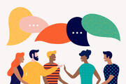 Flat illustration of people talking together with colorful speech bubbles above their heads.