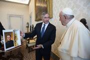 Patrick E. Kelly, supreme knight of the Knights of Columbus, presents a reliquary associated with Blessed Michael McGivney, founder of the Knights, to Pope Francis during an audience at the Vatican on Oct. 25. (CNS photo/Vatican Media)