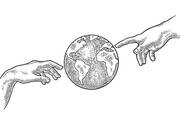 black and white drawing of a globe and two hands in the michelangelo adam and god position