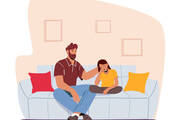 a man sits with his daughter on a couch looking sorry, a stock image cartoon drawing